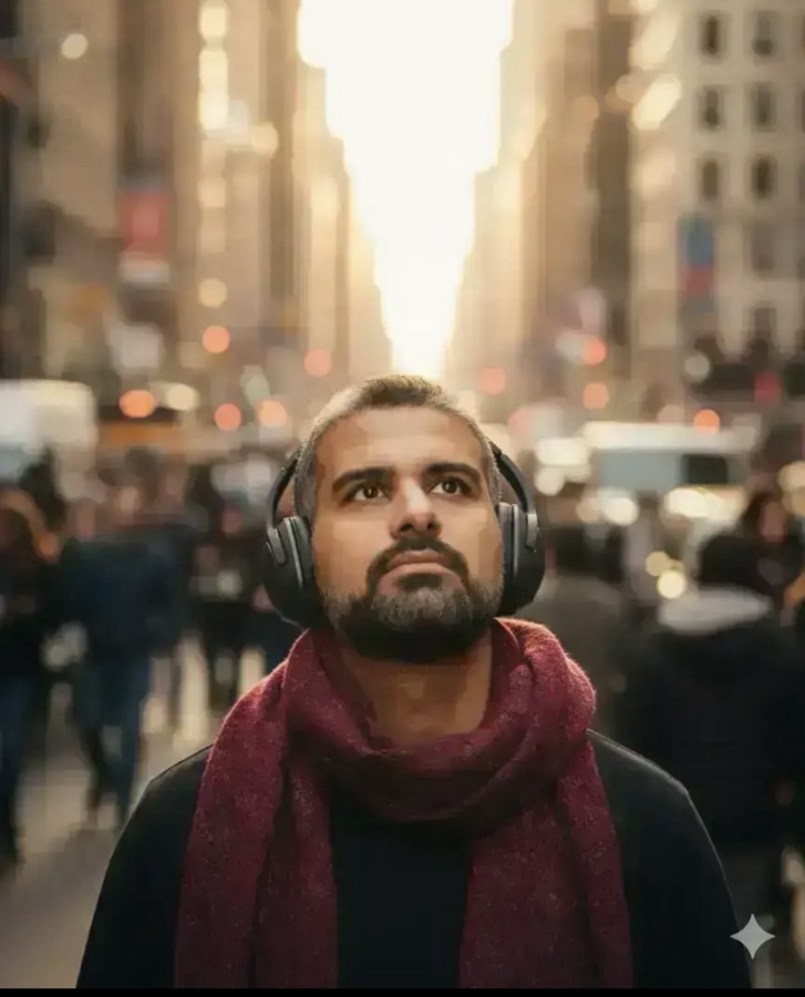 A man with headphones looking up on a city street