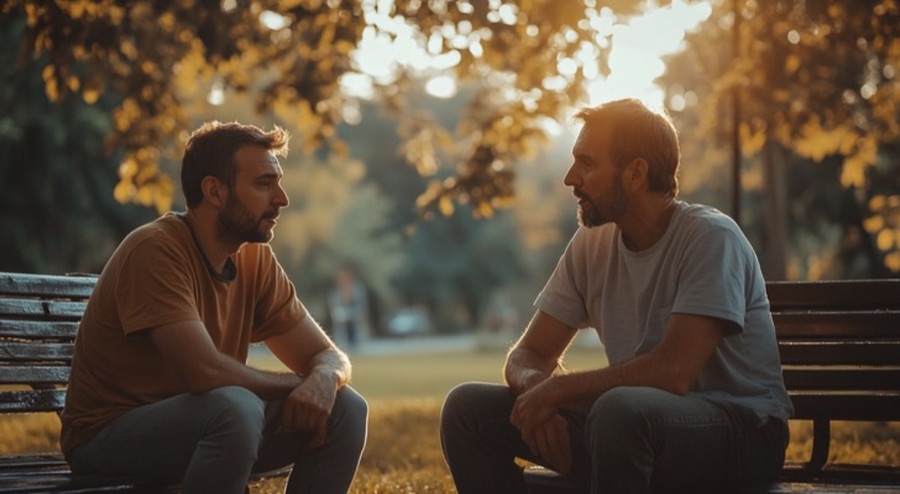 Two men talking on park benches