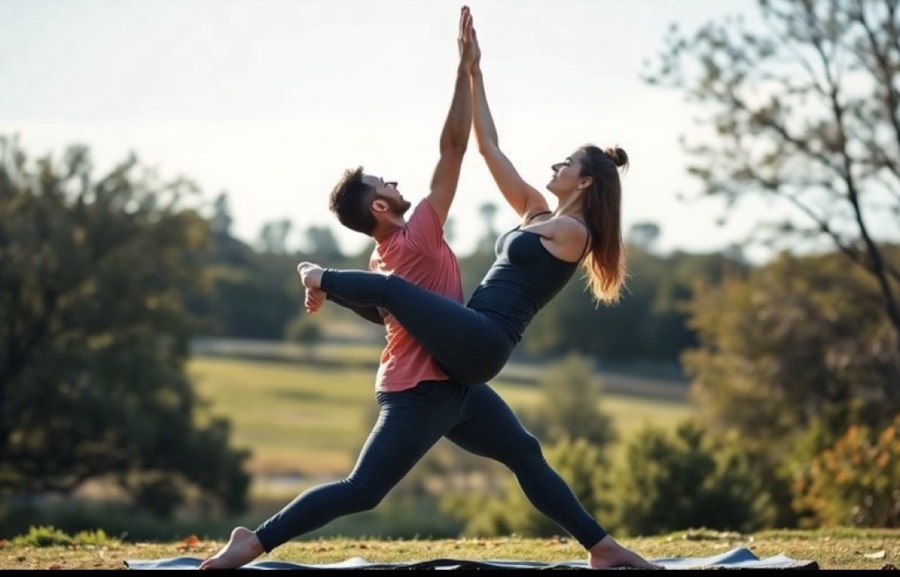 Partner yoga in a park