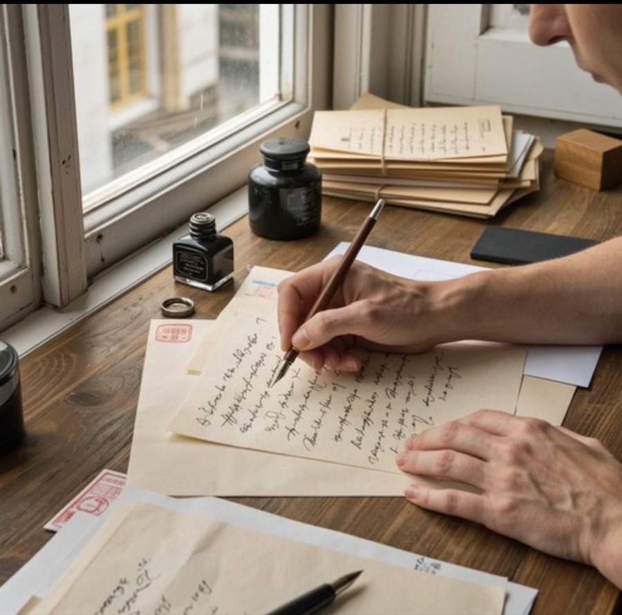 A hand writing a letter by a window