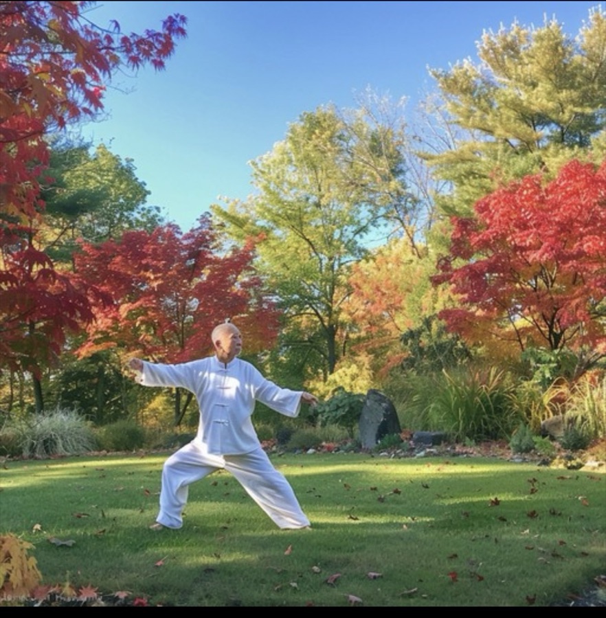An older person doing tai chi among autumn trees