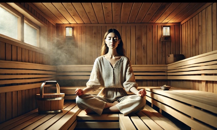 A woman meditating in a sauna